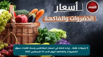 9 جنيهات فقط.. زيادة لافتة في أسعار البطاطس وسط تقلبات سوق الخضروات والفاكهة اليوم الأحد 31 أغسطس 2025